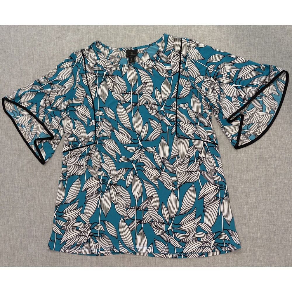 Worthington Flutter Sleeve Blouse Blue Botanical Leaves Size S